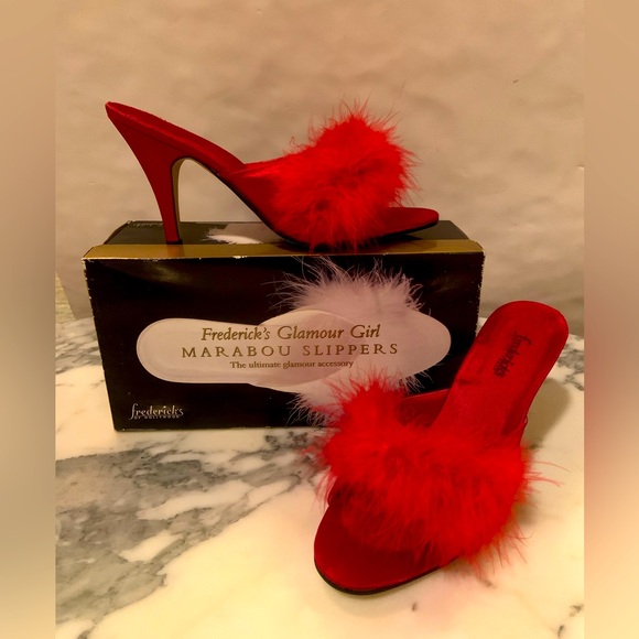 Frederick's of Hollywood Shoes - VTG Fredericks Of Hollywood Glamour Girl Marabou Slippers Red Feather Size 7